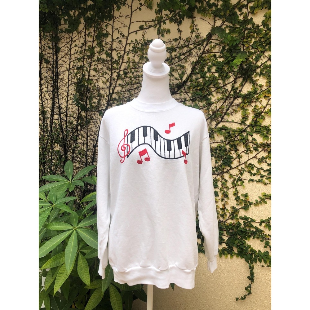 1980 Musical notes embroidered White Crewneck Sweater sweatshirt